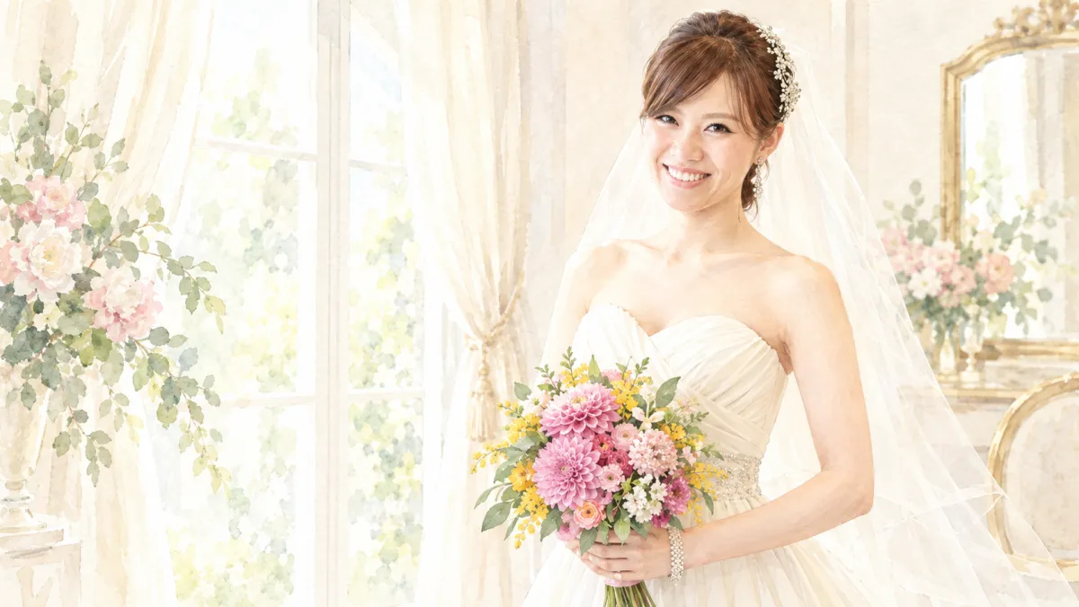 グレイスジャーナル「結婚式まで3ヶ月」のアイキャッチ：ブーケを持つ花嫁のイメージ