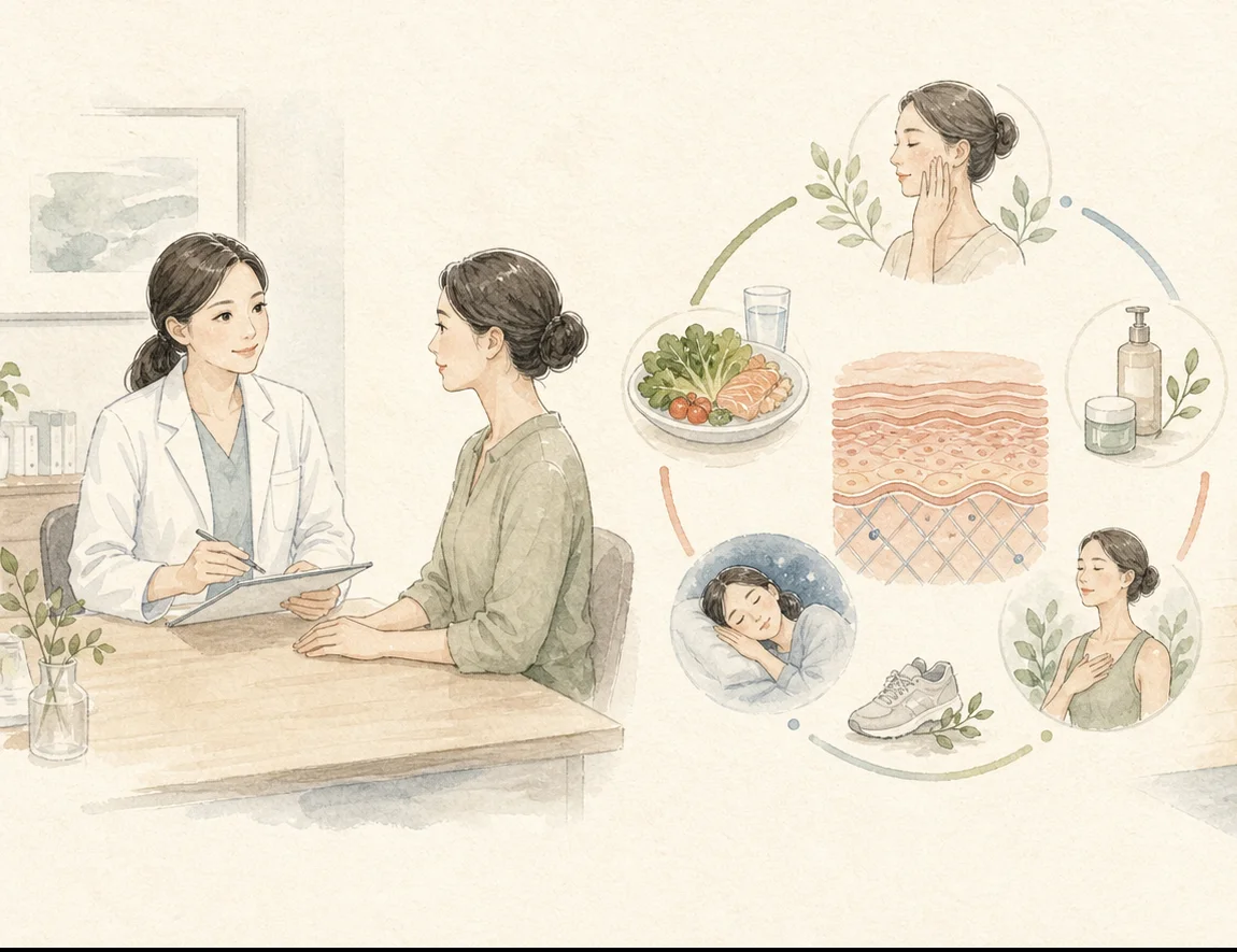 診察で体調や生活を伺い、睡眠・食事・運動なども含めて考える様子の水彩イラスト