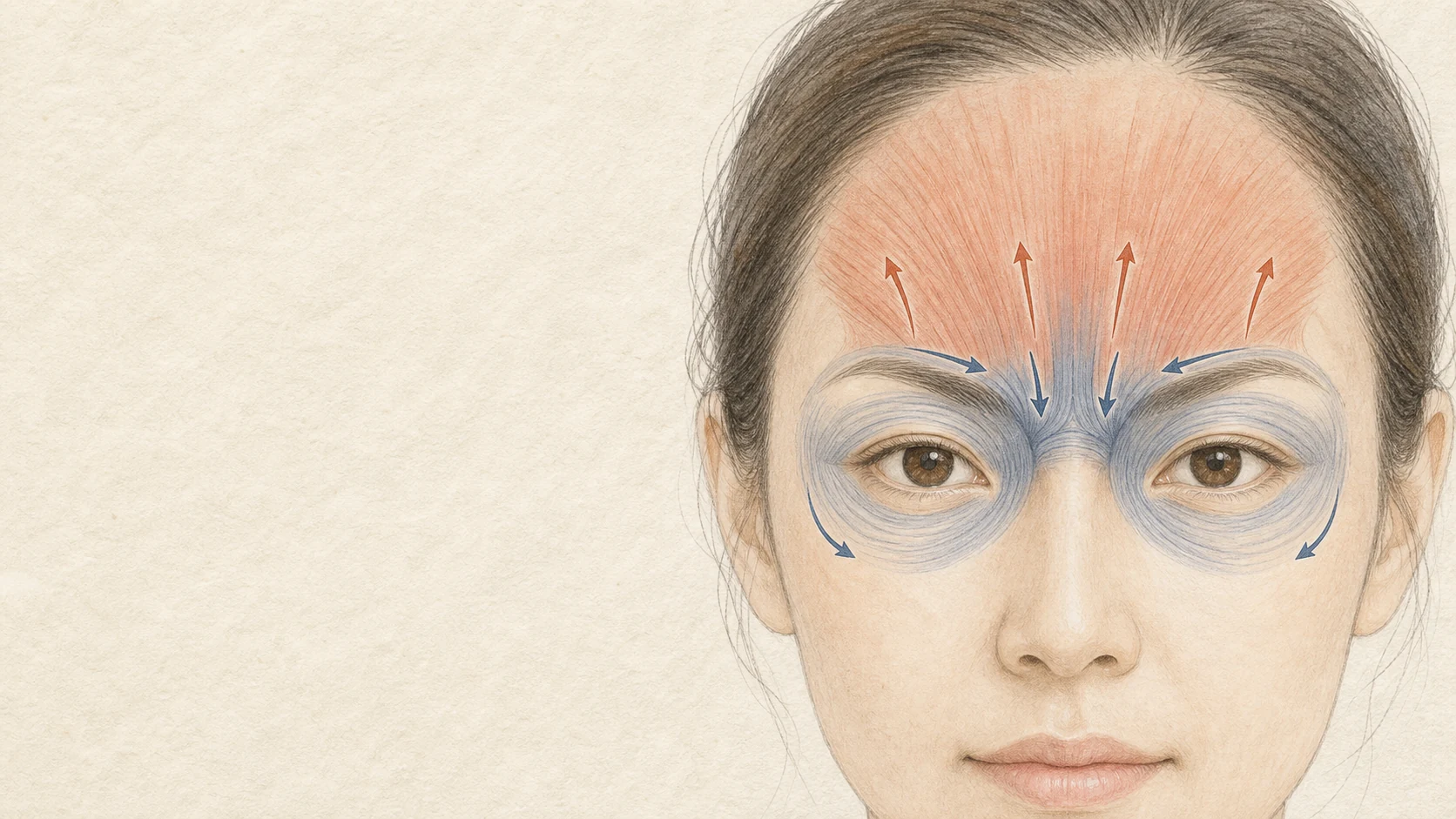 眉を上げる前頭筋(赤)と、眉を下げる眉間・目尻の筋肉(青)の向きを示す概念図