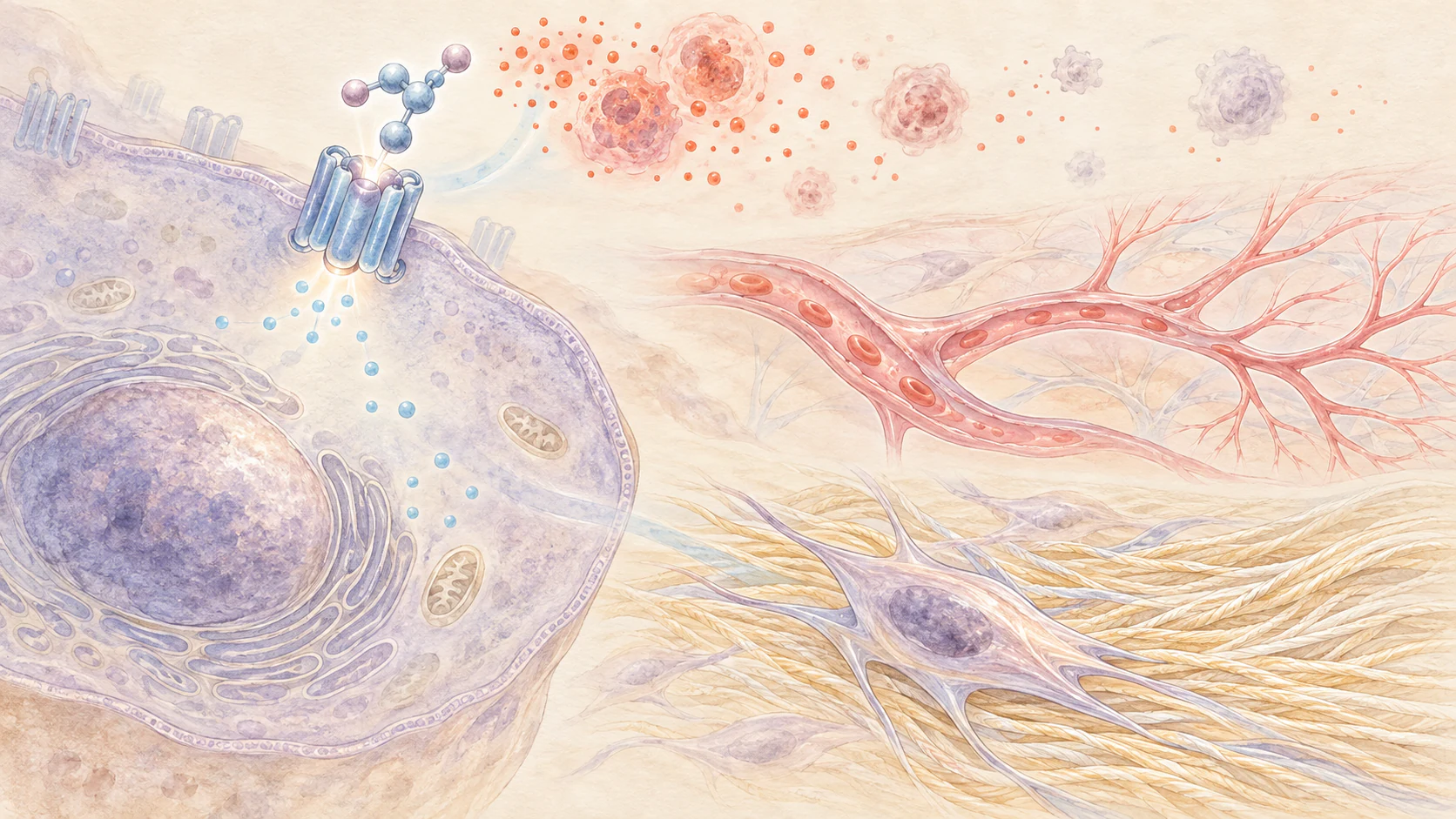 細胞表面の受容体に分子が結合し、炎症の鎮まり、血管、線維芽細胞とコラーゲンへと働きが広がる様子を描いた水彩イラスト
