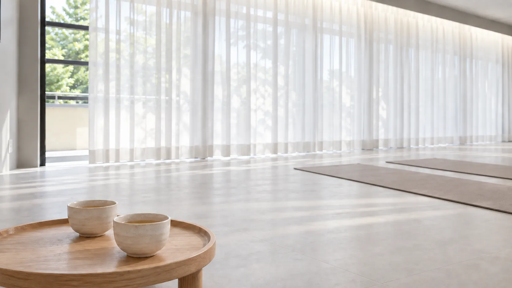 ヨガマットとお茶が用意された、光の入る部屋のイメージ
