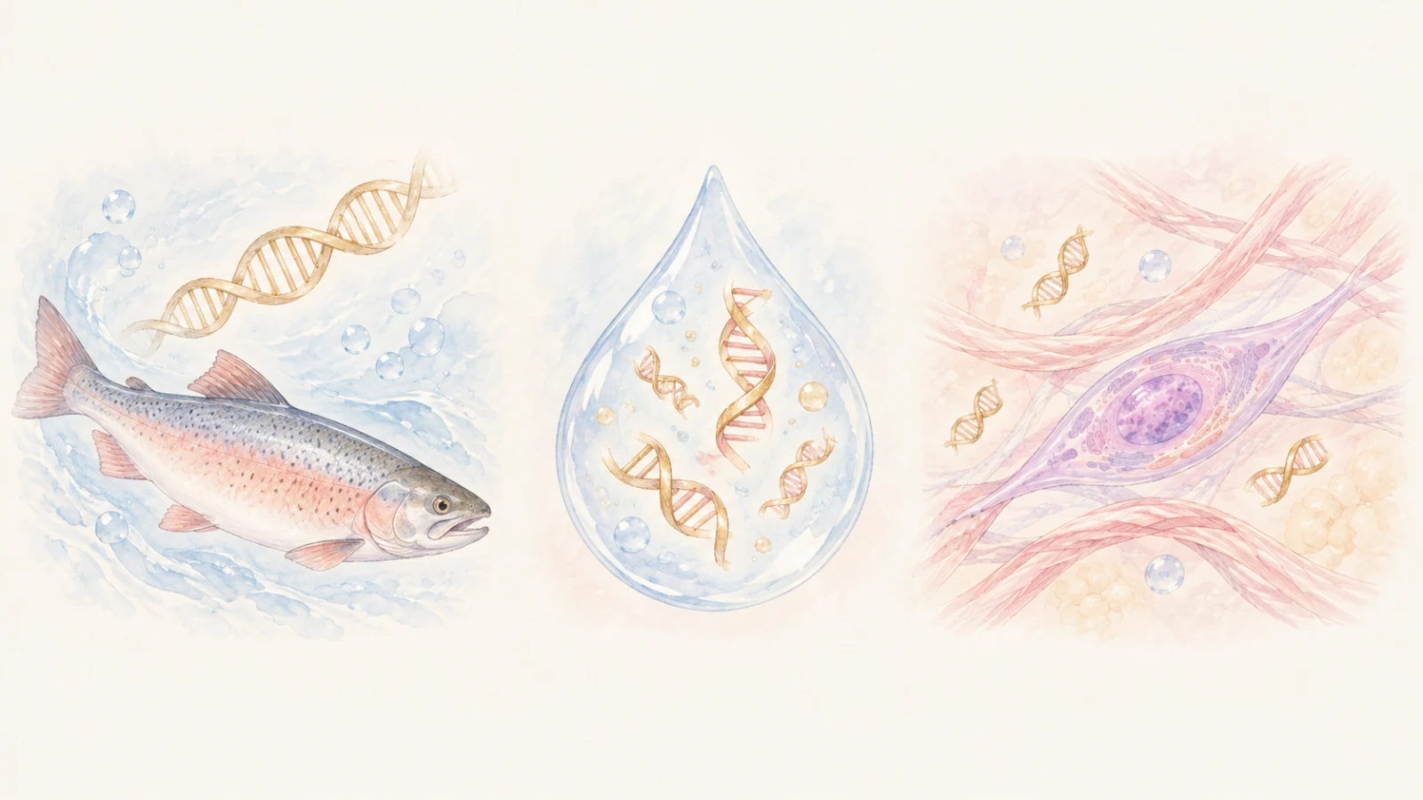 PNができるまでの3場面のイラスト。サケの白子、精製したDNAの断片、真皮の線維芽細胞のまわりに集まるDNA断片