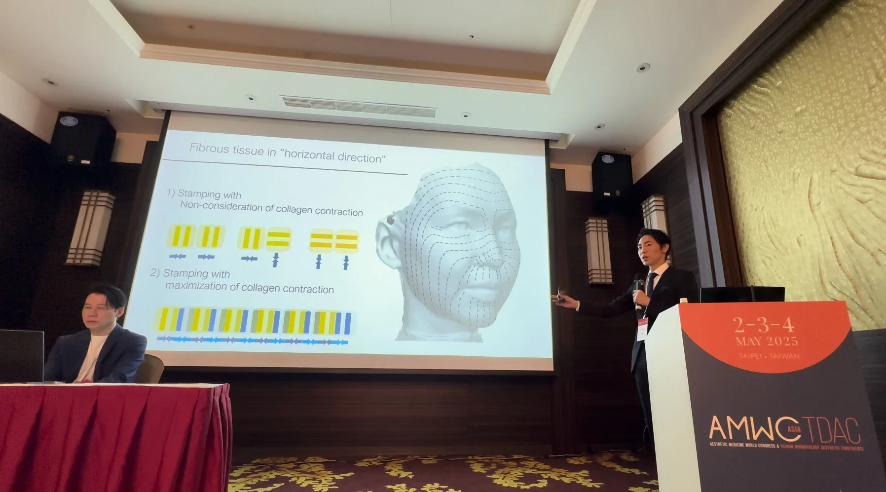 AMWC ASIA 2025で、皮膚に沿った方向の線維の縮め方をスライドで解説する院長 奥謙太郎