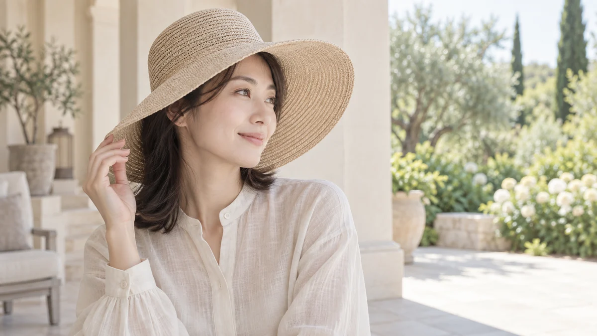 つばの広い帽子をかぶり、日陰で過ごす女性のイメージ写真
