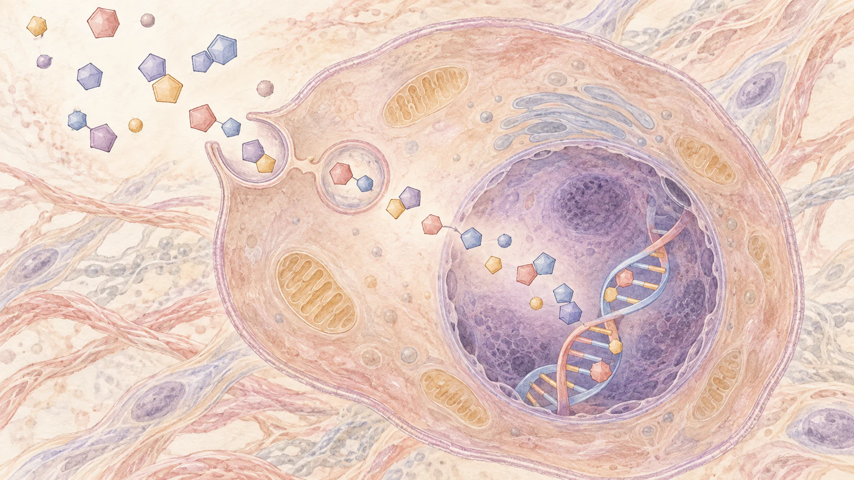 細胞に取り込まれた小さな分子が、核の中でDNAの材料として使われる様子を描いた水彩イラスト
