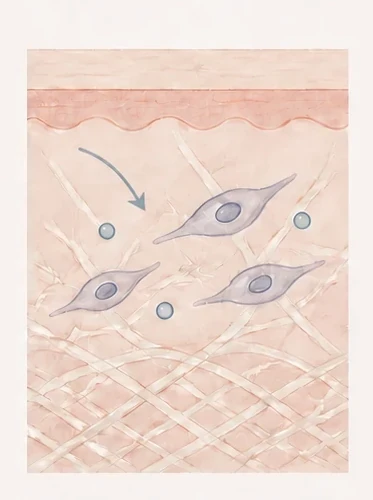 皮膚の断面で、真皮の線維芽細胞のまわりにマイオカインの粒が届く様子