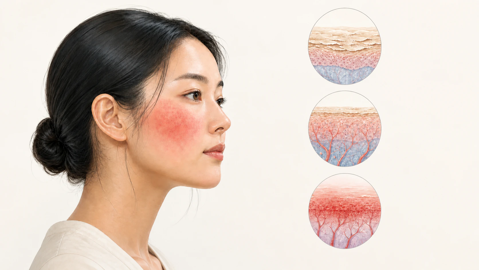 頬の赤みと、表皮・血管・炎症の状態を示した皮膚断面のイメージ図