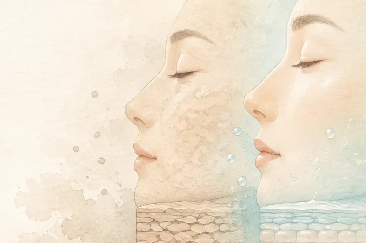 乾いた肌の横顔と、うるおいのある肌の横顔を、皮膚の断面とともに並べた水彩イラスト