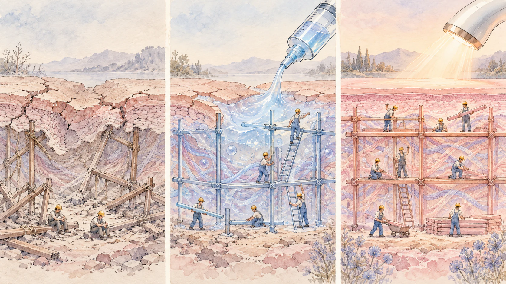 肌を建設現場にたとえた水彩画。弱った足場、注入による環境への働きかけ、機器治療を組み合わせる考え方。作業員は線維芽細胞を表す。