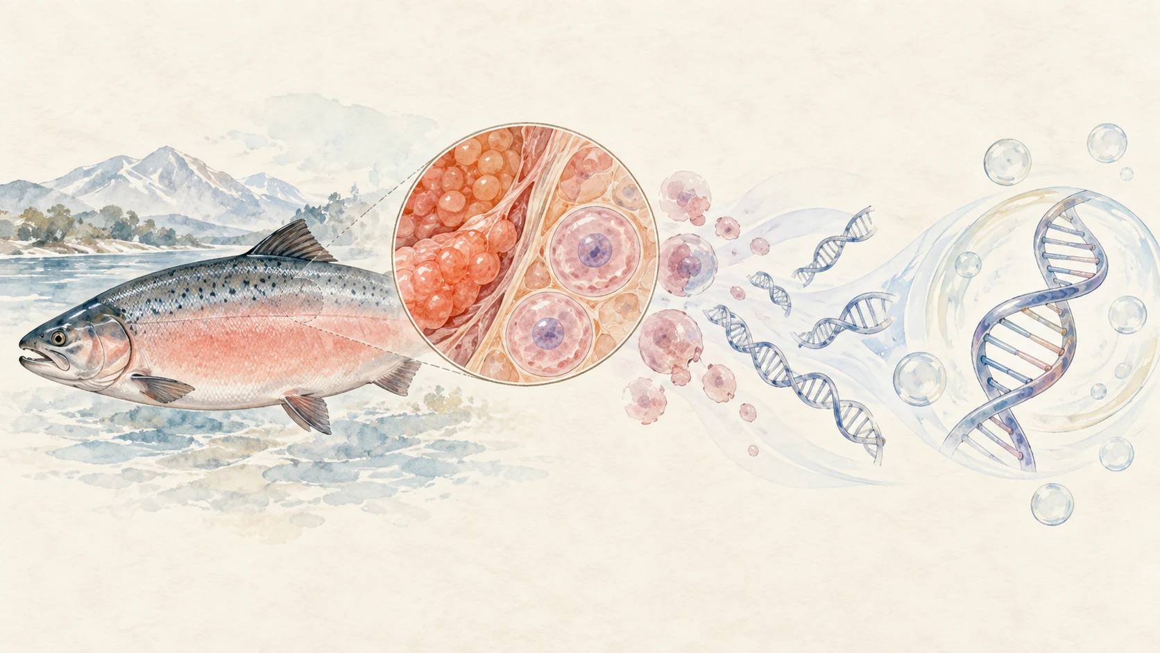 サケと、その細胞から取り出されて精製されるDNAを描いた水彩イラスト