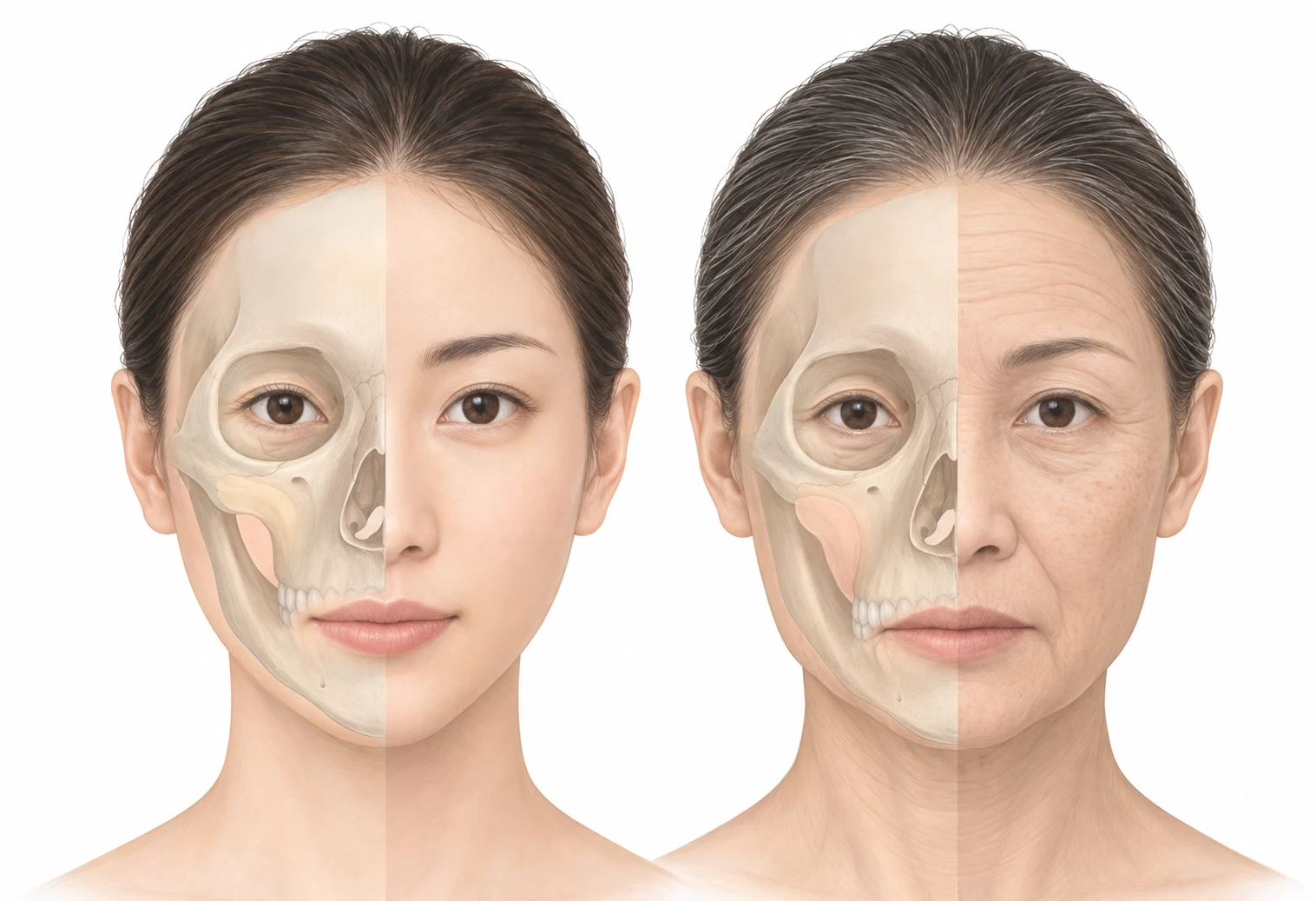 若い顔と年齢を重ねた顔を、皮膚と顔面骨格の変化で比較した説明イラスト