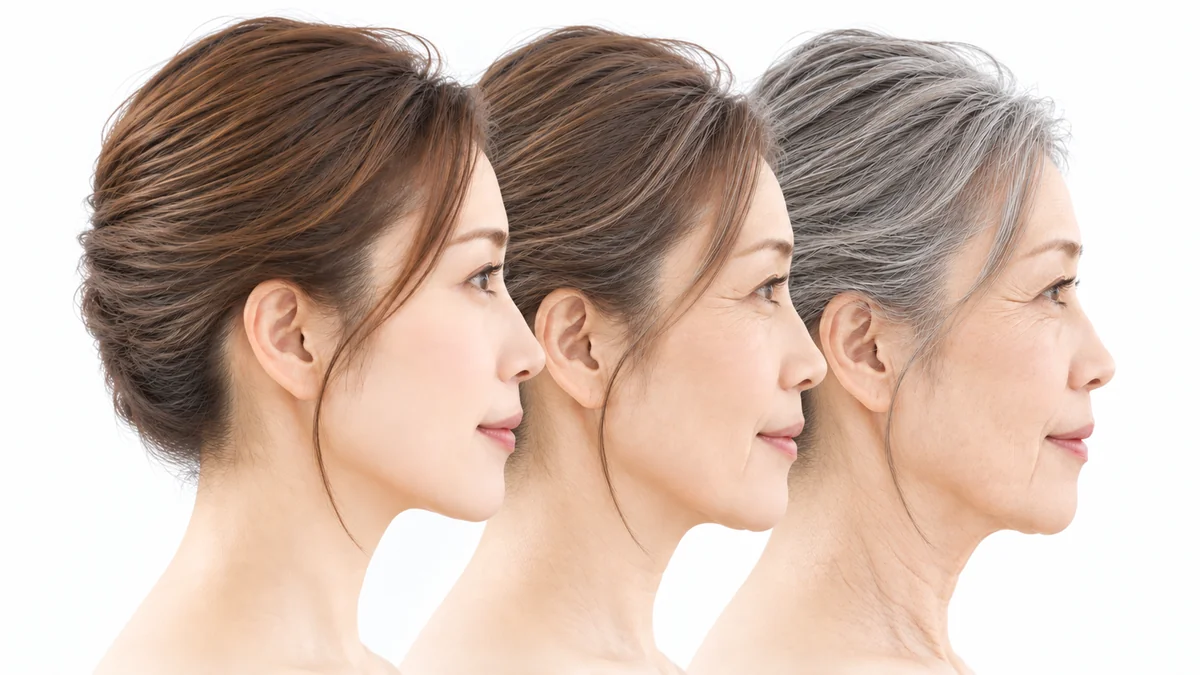 同じ女性の横顔を、年齢の順に3つ並べたイメージ。年齢とともに、目もと・頬・口もと・フェイスラインが変わっていく様子
