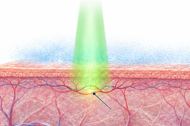 緑の光（532nm）が浅い細い赤い血管に届く皮膚断面のイラスト