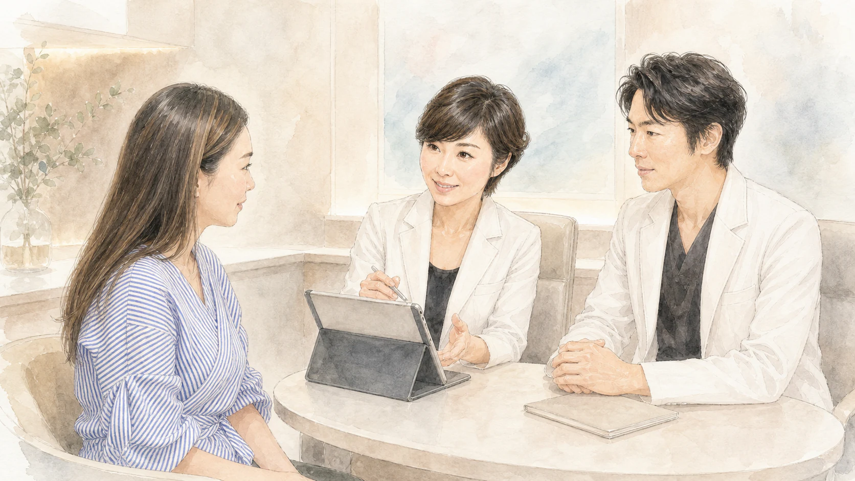 診察室で、患者さんと院長 奥謙太郎・副院長 奥美香子がタブレットを見ながら治療を相談している水彩イラスト