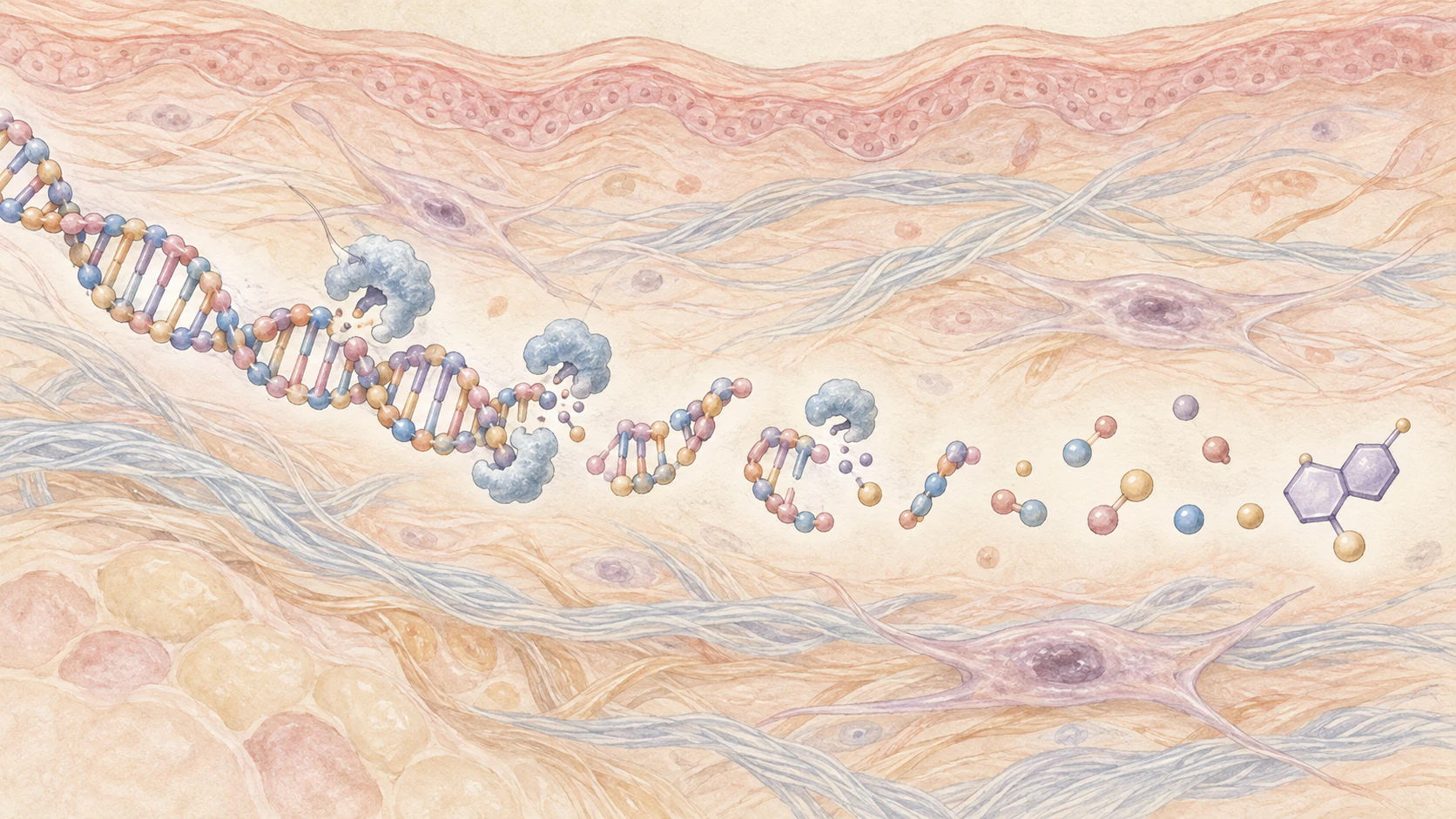 酵素によって長いDNAの鎖が短い断片や小さな分子に分かれていく様子を描いた水彩イラスト
