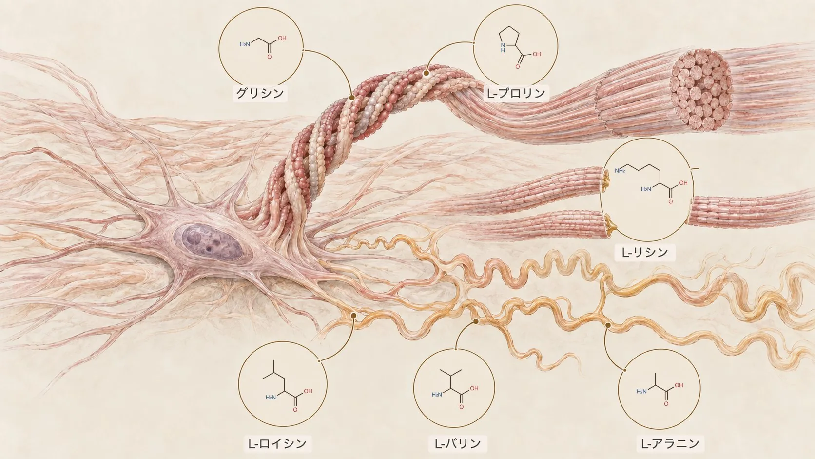 線維芽細胞とコラーゲン・エラスチンの線維のイラストに、6種類のアミノ酸（グリシン、L-プロリン、L-リシン、L-ロイシン、L-バリン、L-アラニン）の構造式を添えた図